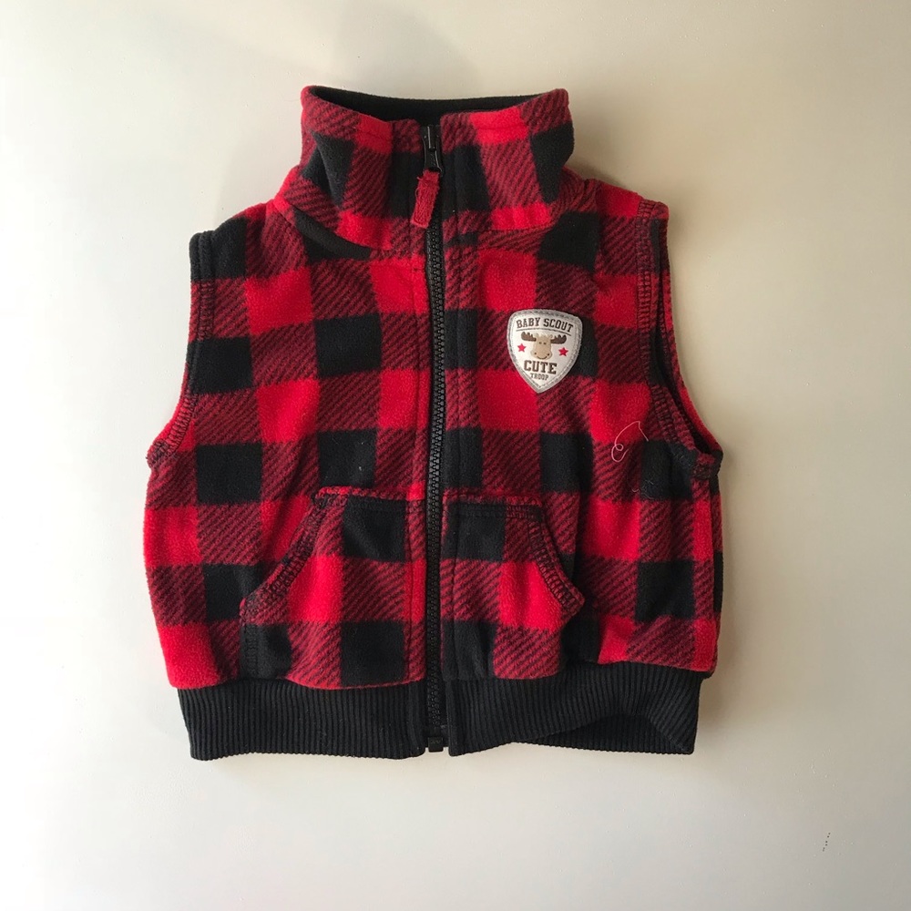 Fleece Carter’s 6 month plaid vest. Red and black